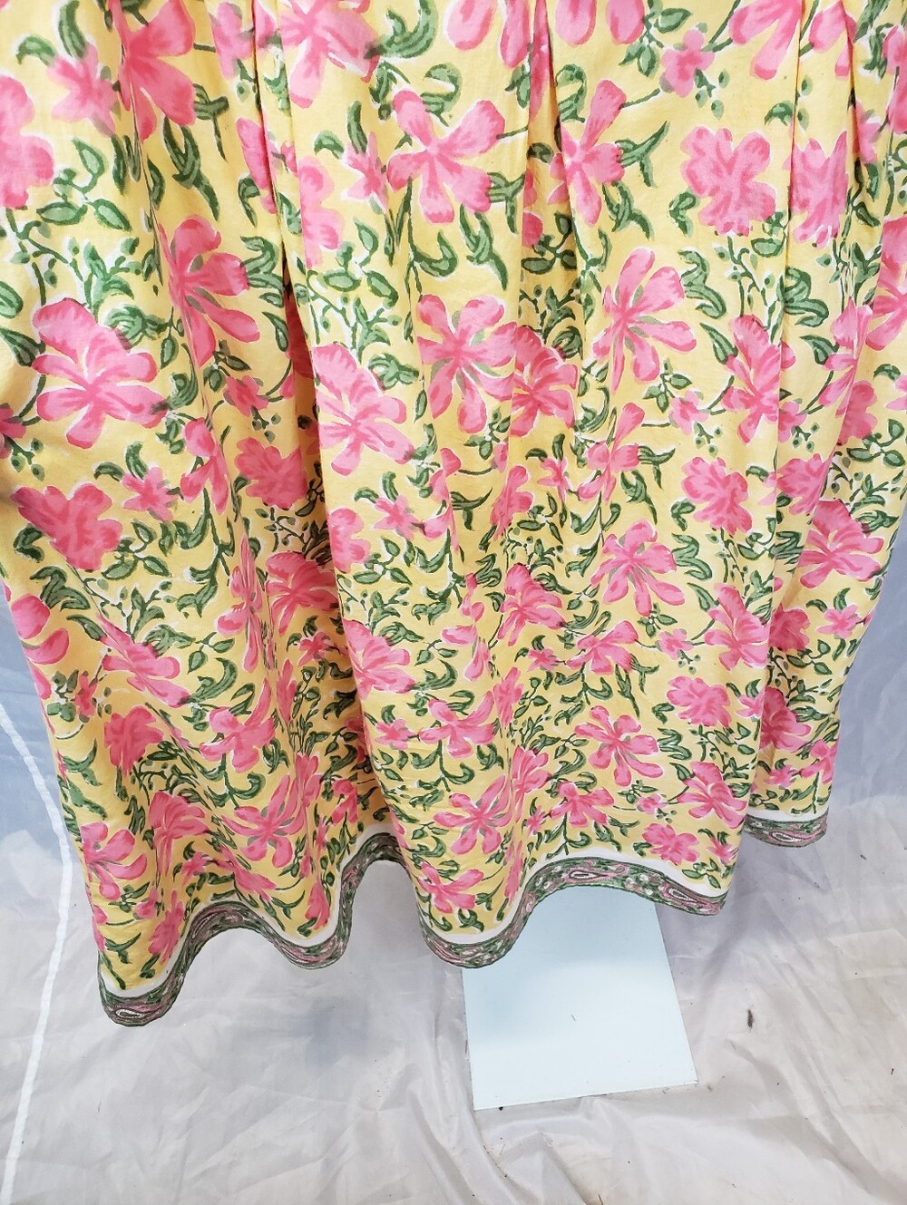 eShakti Yellow Pink Floral Ruched Empire Waist Midi Dress Pockets - Picture 2 of 11